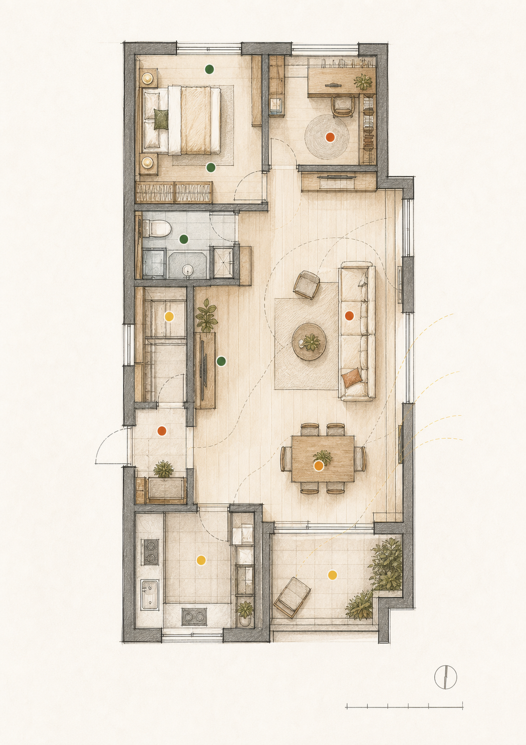 An unlabeled top-down apartment plan with observation points and subtle paths showing how signals move through domestic space.