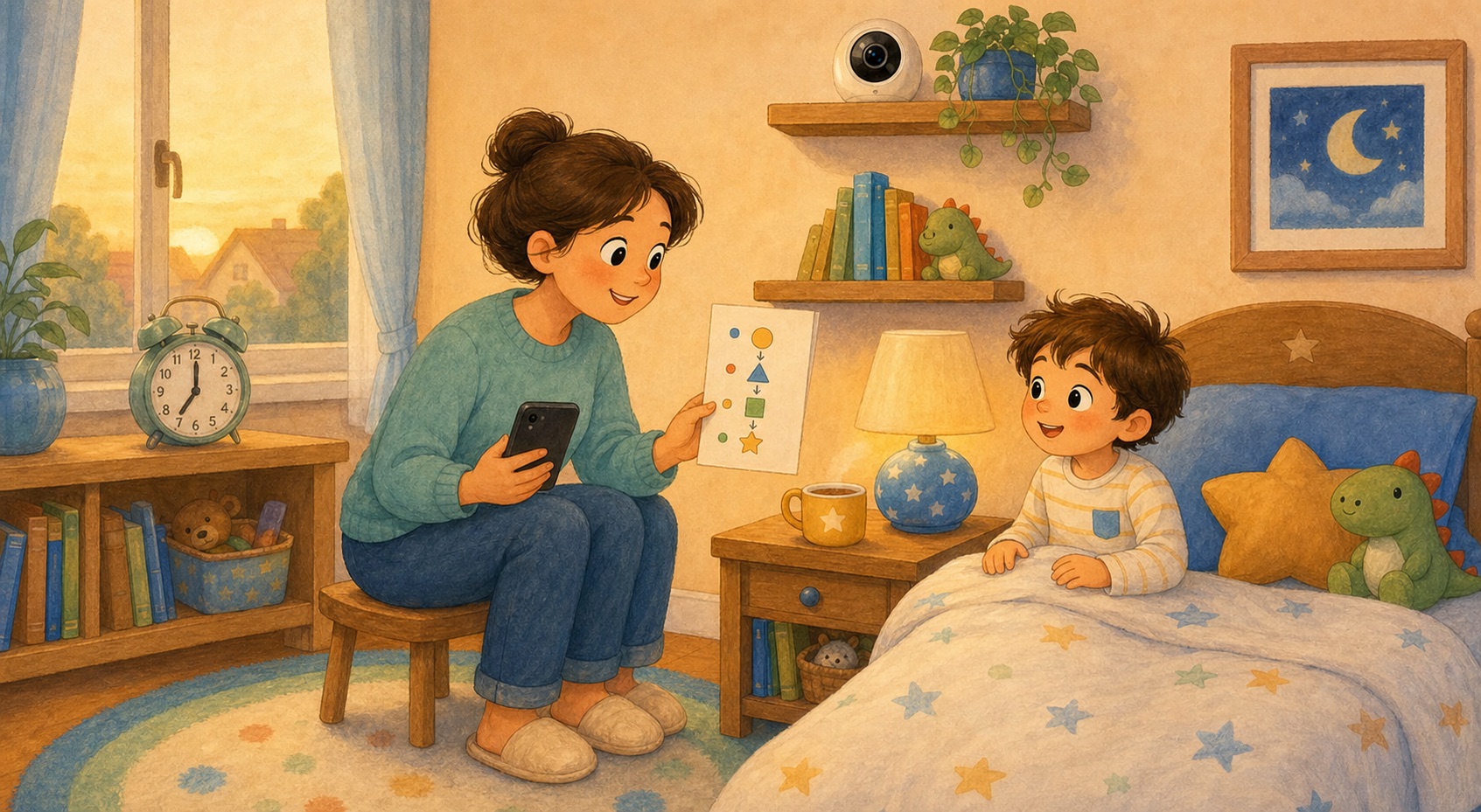 Mum and child discuss a simple morning suggestion card in a softly lit bedroom.