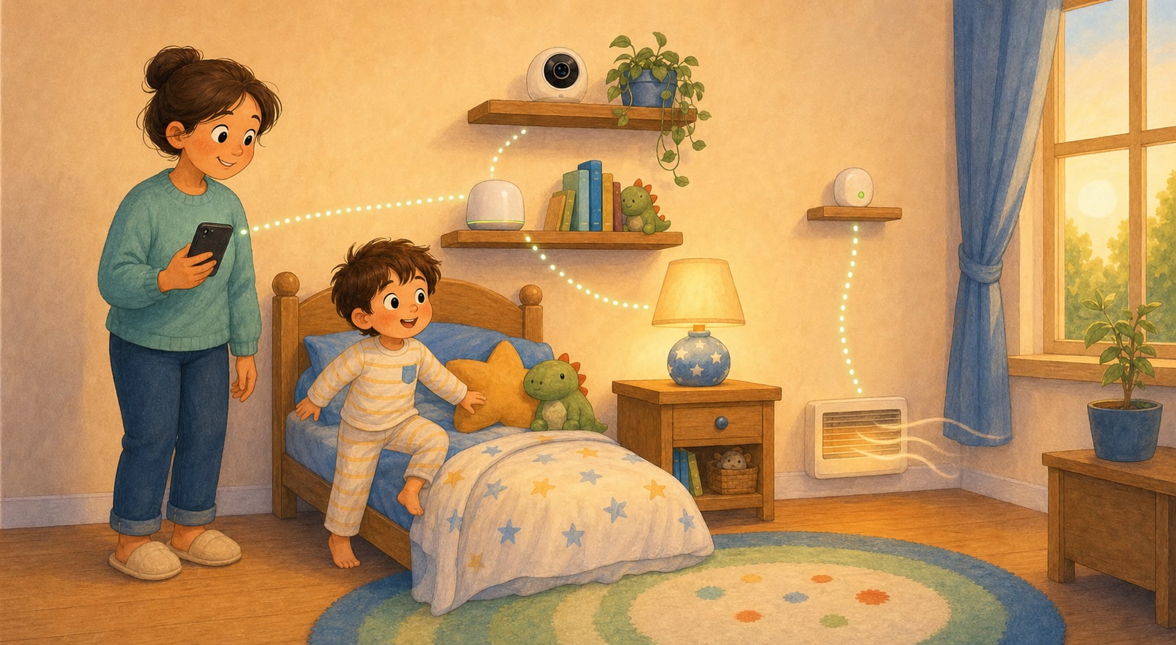 On Monday morning, Mum accompanies a child as gentle light and warmth are physically verified in the bedroom.